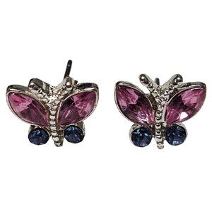 Butterfly Pink Blue Gemstone Stud Earrings Silver Tone Accents Fashion Jewelry